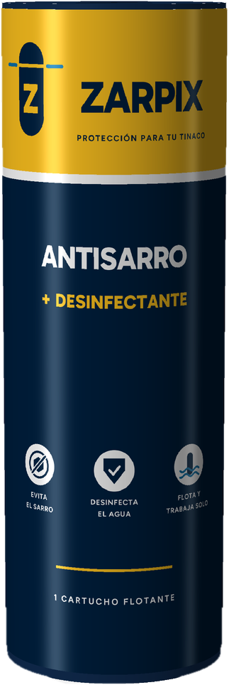 Cartucho ZARPIX: banda amarilla con el logo arriba y cuerpo azul marino con la leyenda Antisarro + Desinfectante
